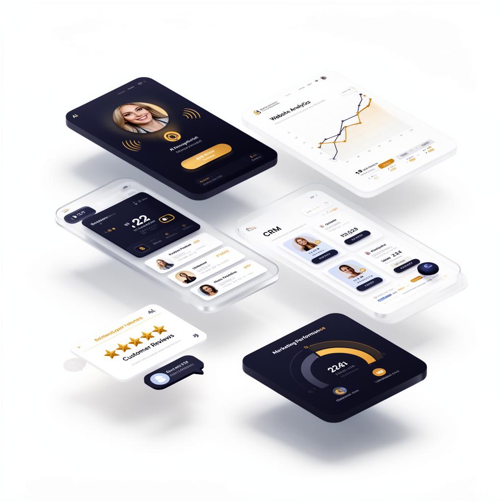 Automation dashboard mockup showing receptionist, analytics, CRM and reviews